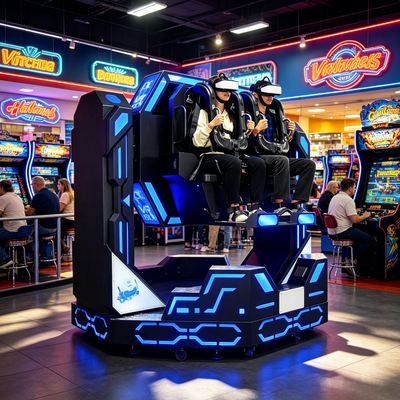 Turnkey VR Arcade Apparatuur Commerciële 1080 Graden Roterende 9D VR Bioscoop Bewegingsstoel Dubbele Speler Achtbaan Simulatie